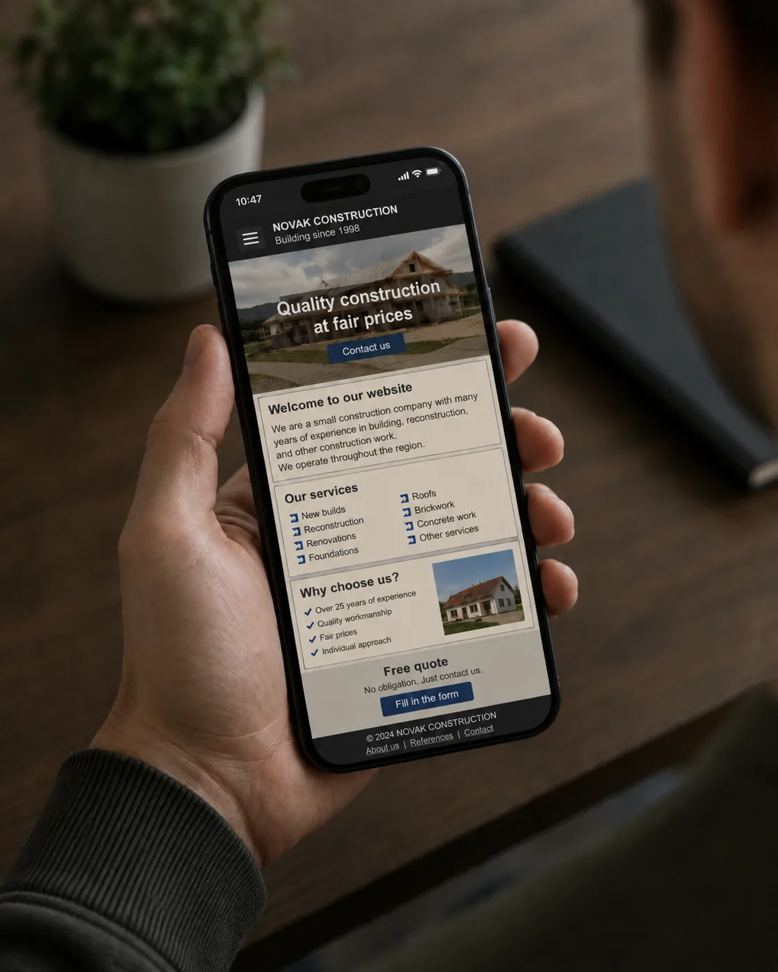 A small-business owner viewing a slow, cluttered website on their phone